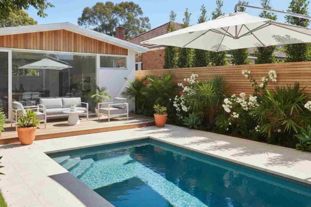 coastal home inspired with a plunge pool in melbourne backyard