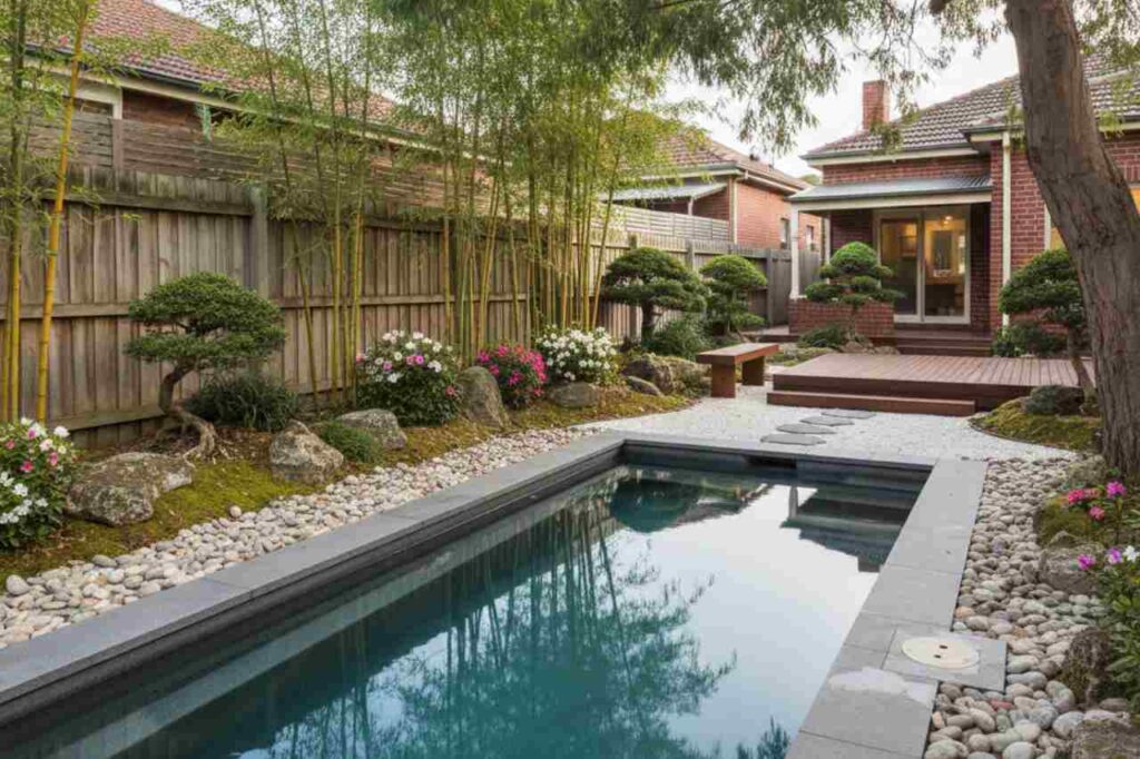 japanese inspired gardens with plunge pool in melboune backyard
